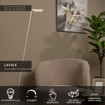 Lucide LAVALE - Stehlampe Mit Leselampe - LED Dim. - 1x3W 2700K - Weiß